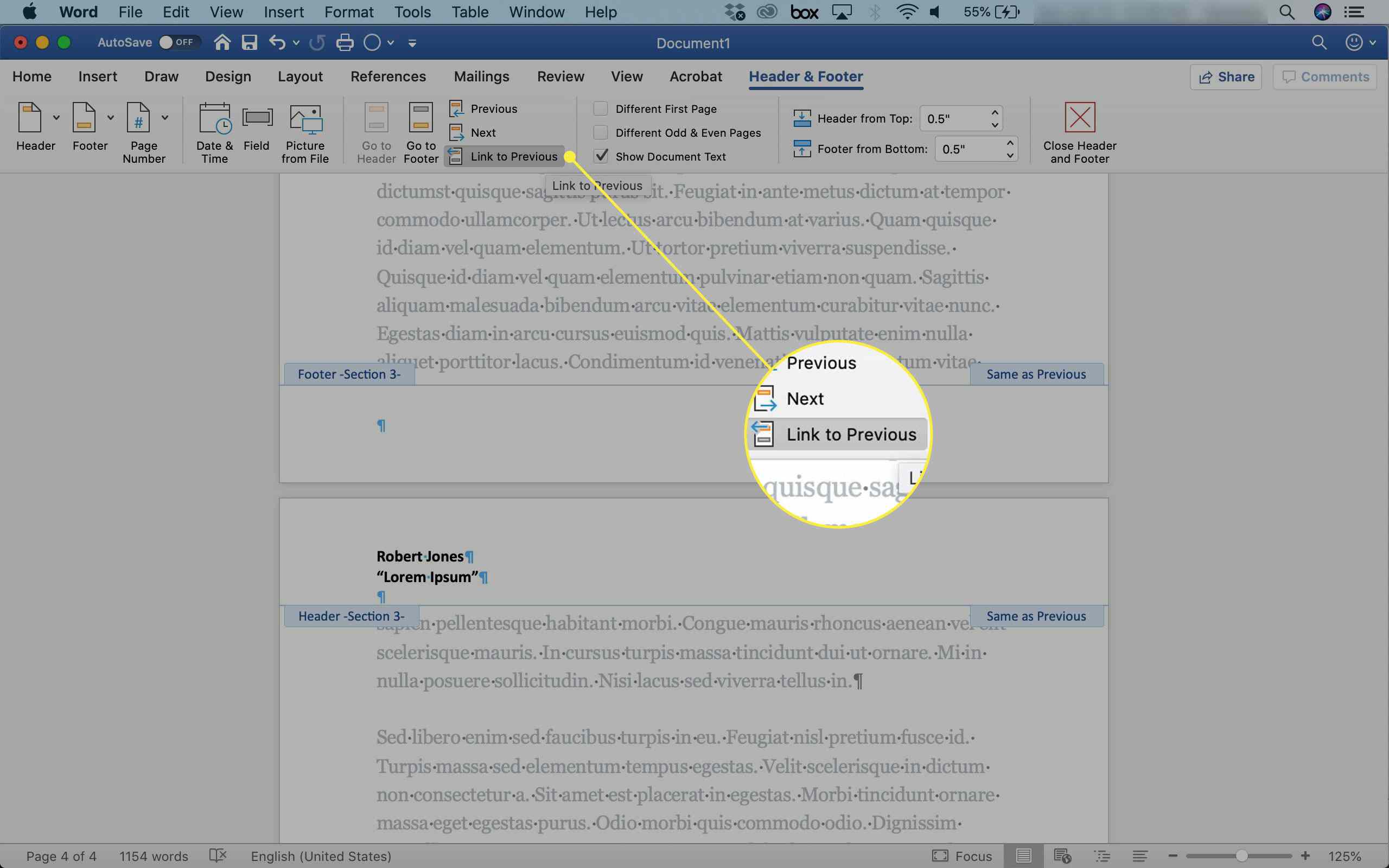 have different headers and footers in word for mac 2011